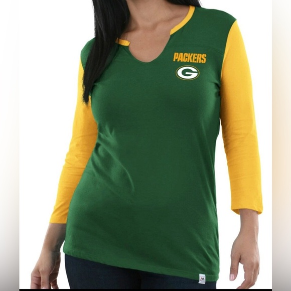 Majestic Green Bay Packers Green and Yellow 3/4 Fan Fashion Shirt NWOT Large - Picture 1 of 11